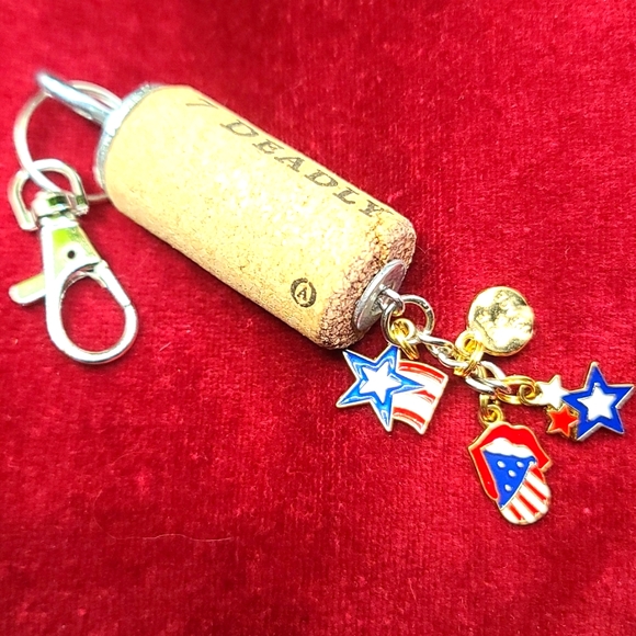 PATRIOTIC Wine Cork Key Chain - Purse Charm - Upcycled - Picture 1 of 4